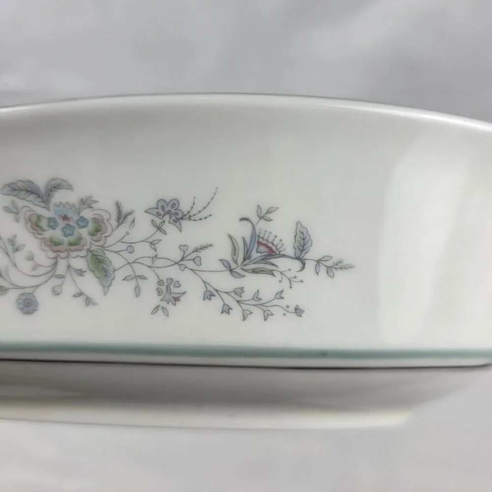 Oxford China Spring 8 Inch Oval Serving Bowl Multicolor Floral Rim Aqua Band